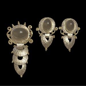Signed IXEL Gorgeous Smoky Quartz Silver & Gold Tone Pendant/Brooch & Earrings